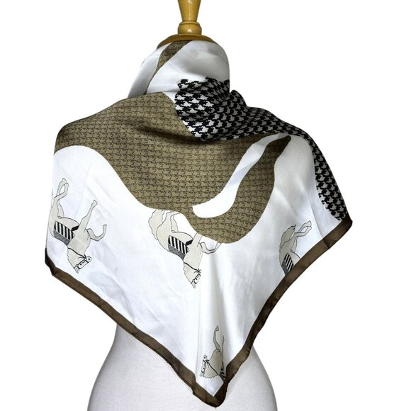 White & Brown Satin Houndstooth Horse Print Scarf, Square 27" x 27" - Picture 2 of 7